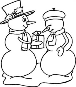 דף צביעה של בובות שלג ומתנה