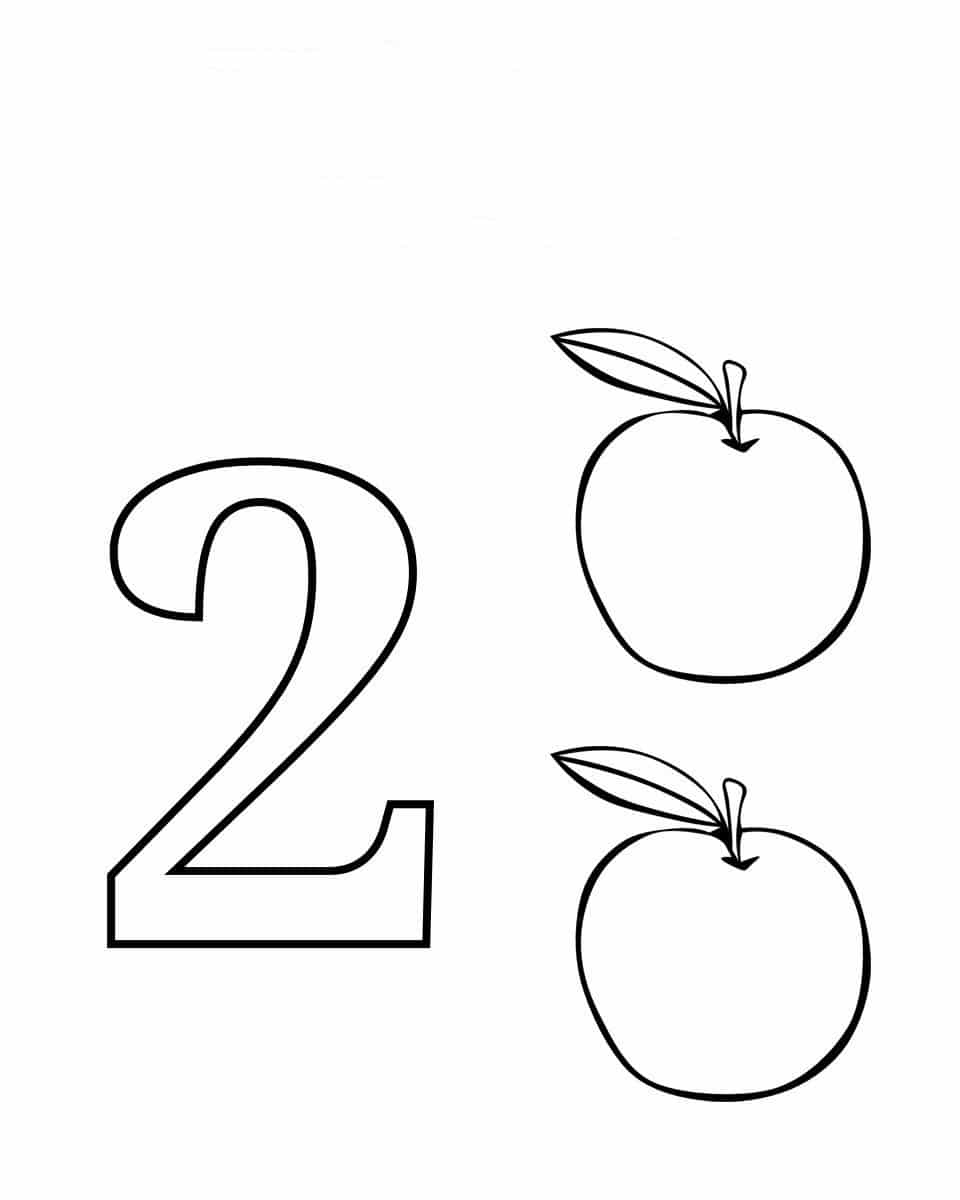 דף צביעה עם הספרה שתיים ושני תפוחים