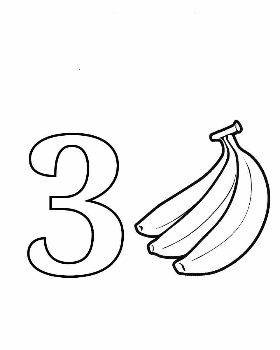 דף צביעה של הספרה שלוש עם שלוש בננות