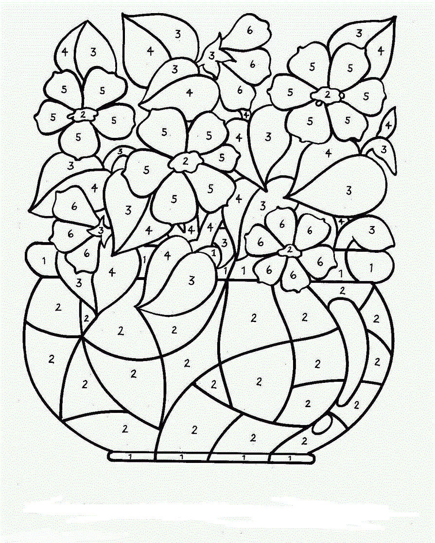 דף צביעה לפי מספרים עם ציור של אגרטל פרחים