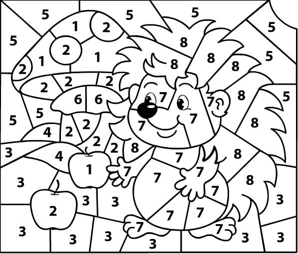 דף צביעה לפי מספרים עם ציור של קיפוד אוסף תפוחים