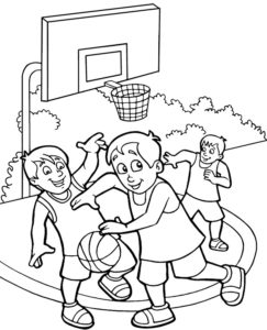 דף צביעה דף צביעה עם ילדים שמשחקים בכדורסל