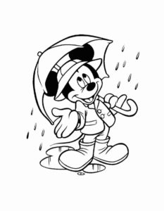 דף צביעה מיקי מאוס בחורף עם מטריה לצביעה