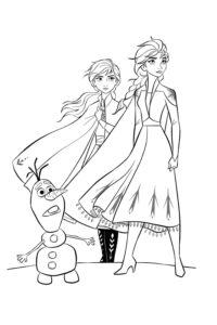 דף צביעה ציור של  אנה ואלזה ובובת שלג