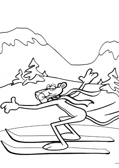 דף צביעה ציור של הפנתר הורוד עושה סקי לצביעה