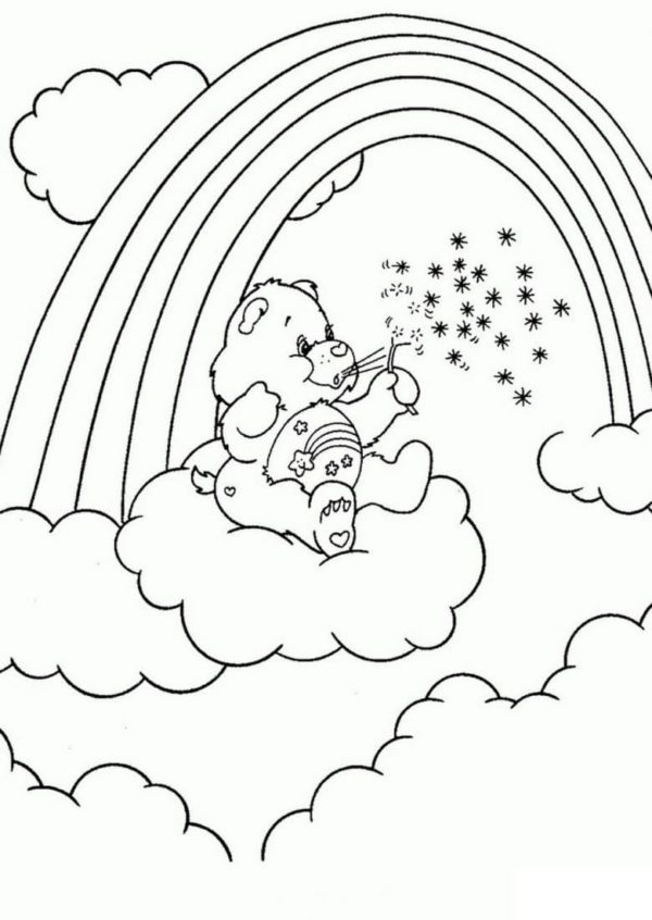 דף צביעה ציור חמוד של דובי על ענן עם קשת