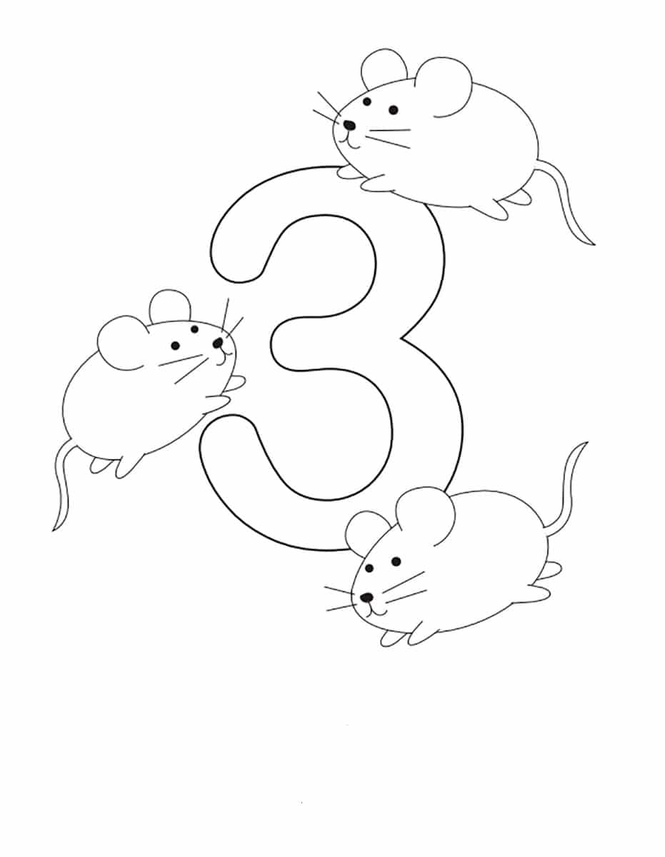 דף צביעה ציור של הספרה שלוש עם שלושה עכברונים לצביעה