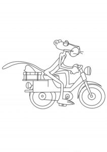 דף צביעה הפנתר הורוד רוכב על אופניים ציור חמוד לצביעה