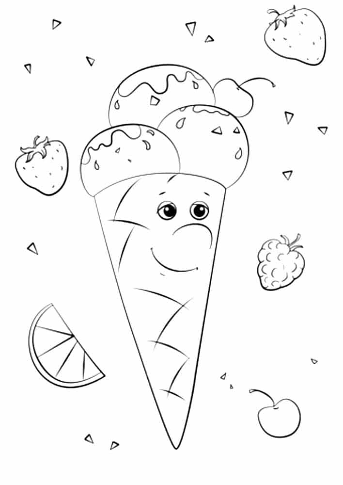 דף צביעה עם ציור של גביע גלידה מחייך וסביבו פירות