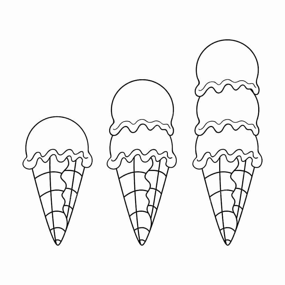 דף צביעה עם ציור של שלושה גביעי גלידה עם כמות כדורים תואמת