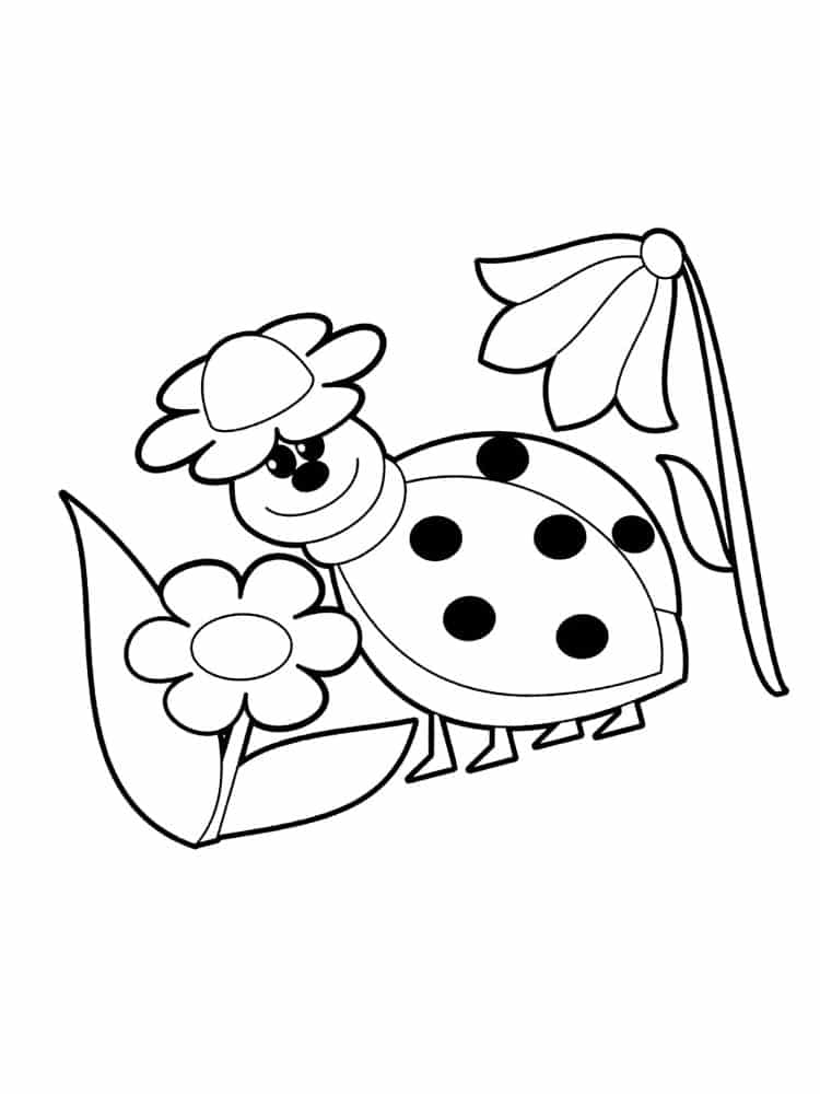 דף צביעה עם ציור של חיפושית ופרחים מסביבה