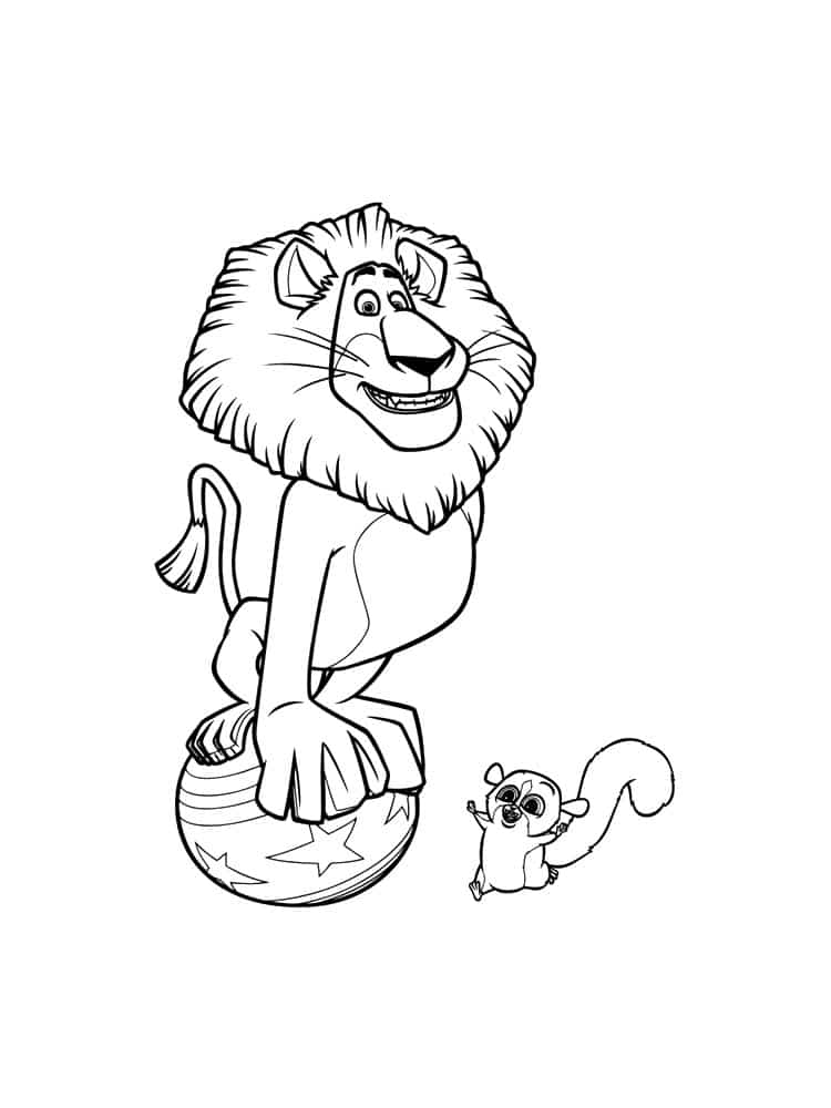 דף צביעה ציור לצביעה ולהדפסה של האריה ממדגסקר על כדור