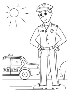 דף צביעה דף צביעה עם שוטר מחייך עומד ליד אוטו משטרה
