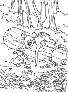 דף צביעה דף צביעה יפה עם ציור של במבי וארנבון ביער