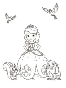 דף צביעה הנסיכה סופיה עם חיות חמודות לצביעה