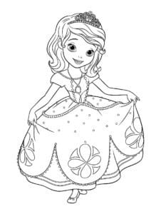 דף צביעה ציור לצביעה של הנסיכה סופיה בשמלת נשף יפה