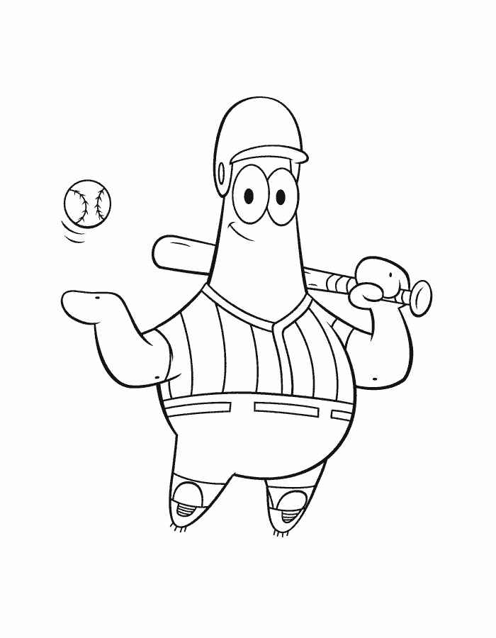 דף צביעה ציור לצביעה של פטריק מבוב ספוג משחק בייסבול