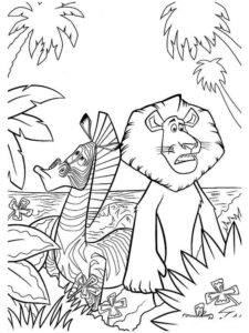 דף צביעה ציור לצביעה של האריה והזברה ממדגסקר על אי
