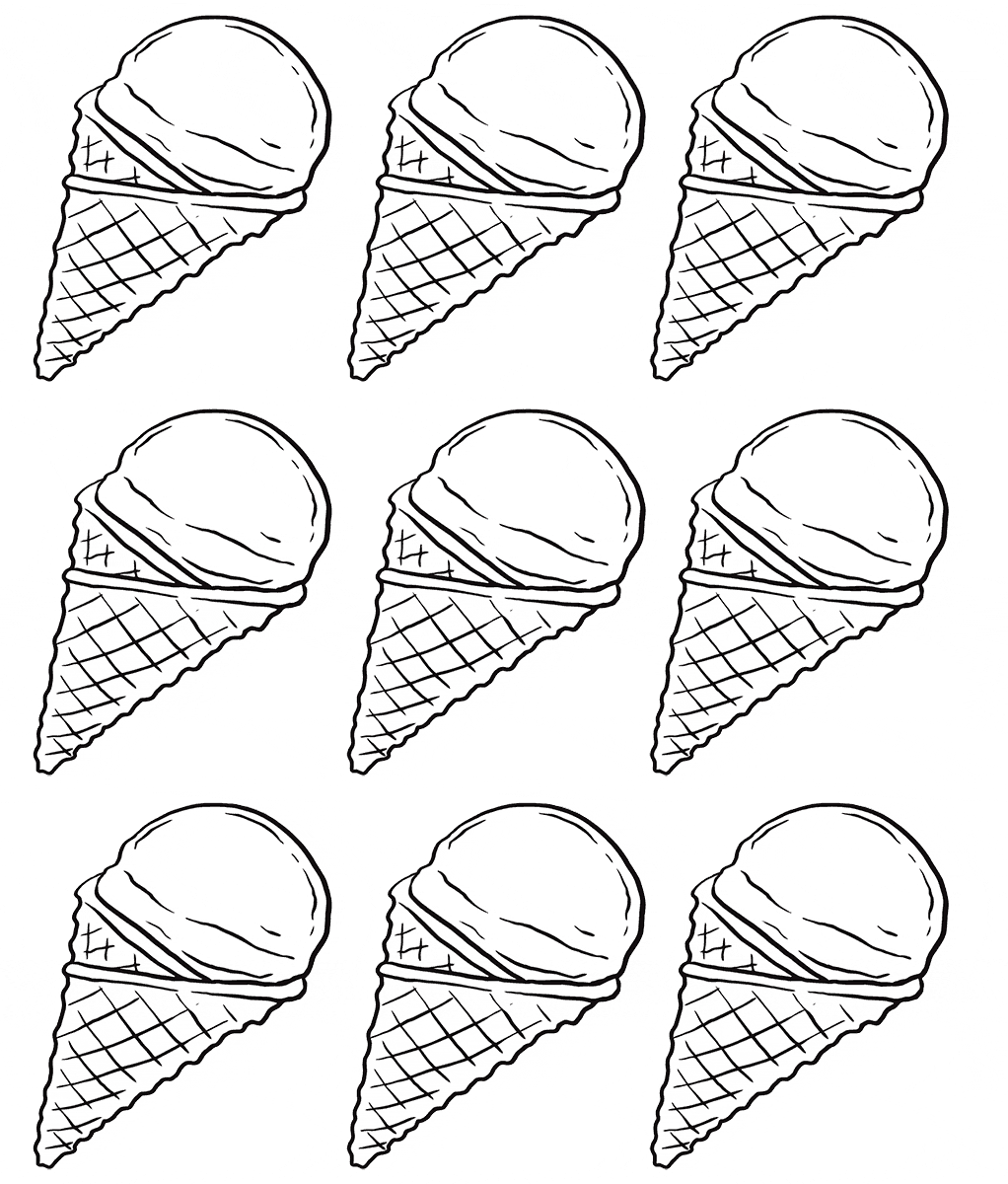 דף צביעה דף צביעה עם ציור של תשעה גביעי גלידה