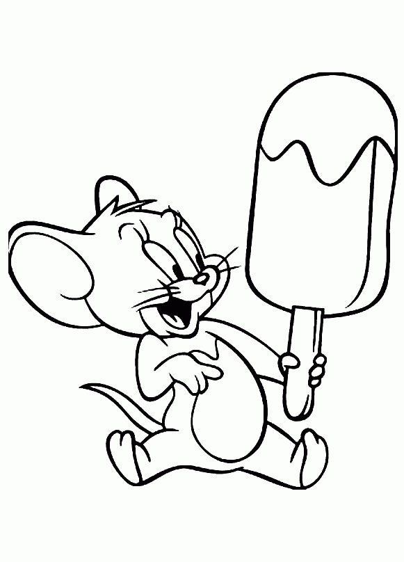 דף צביעה עם העכברון טום מחזיק גלידה