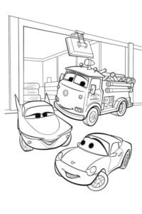 דף צביעה דף צביעה עם ציור של שלוש מכוניות מהסרט מכוניות