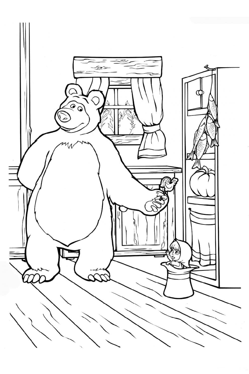 דף צביעה ציור של דובי נותן למאשה סוכריה לצביעה