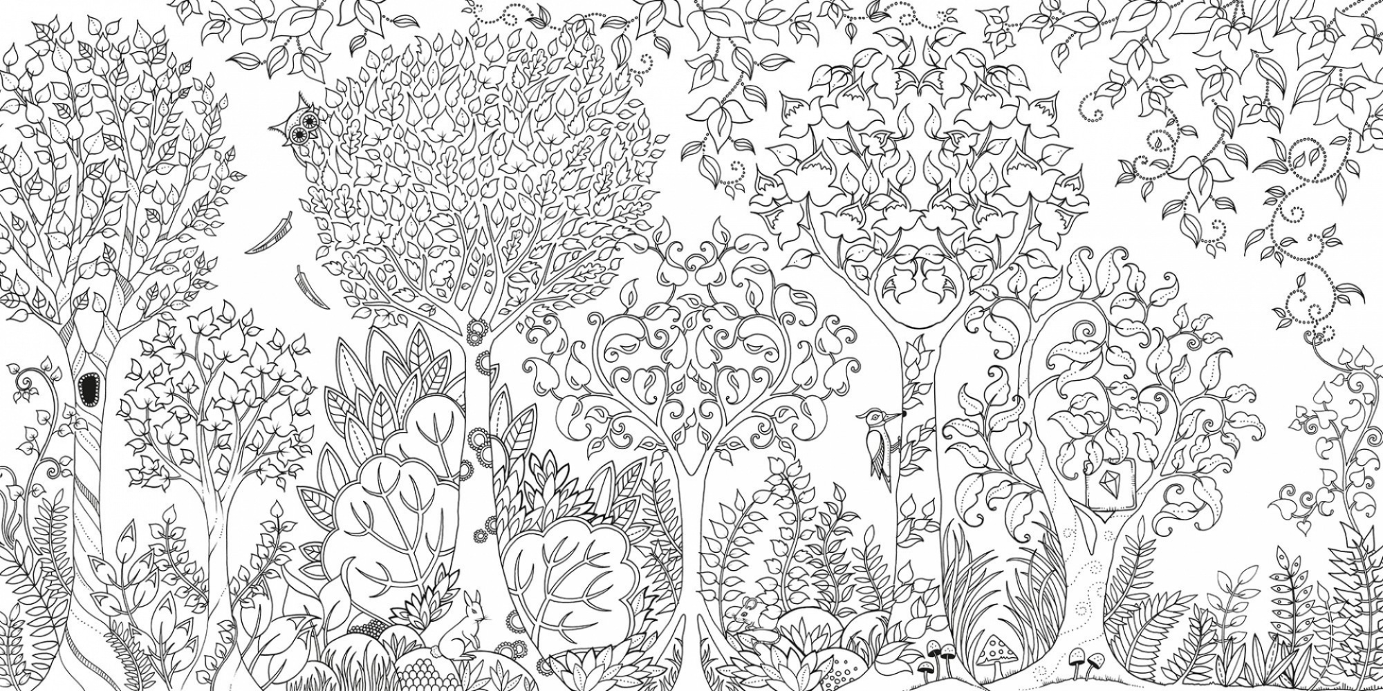 דף צביעה דף צביעה למבוגרים עם ציור מורכב של עצים ופרחים