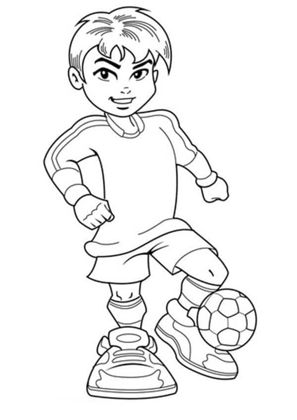 דף צביעה ציור לצביעה ולהדפסה של ילד עם כדורגל