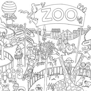 דף צביעה ציור יפה לצביעה של ילדים מטיילים בגן החיות