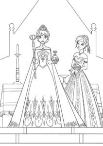 דף צביעה ציור לצביעה של אנה ואלזה בהכתרה של אלזה למלכה