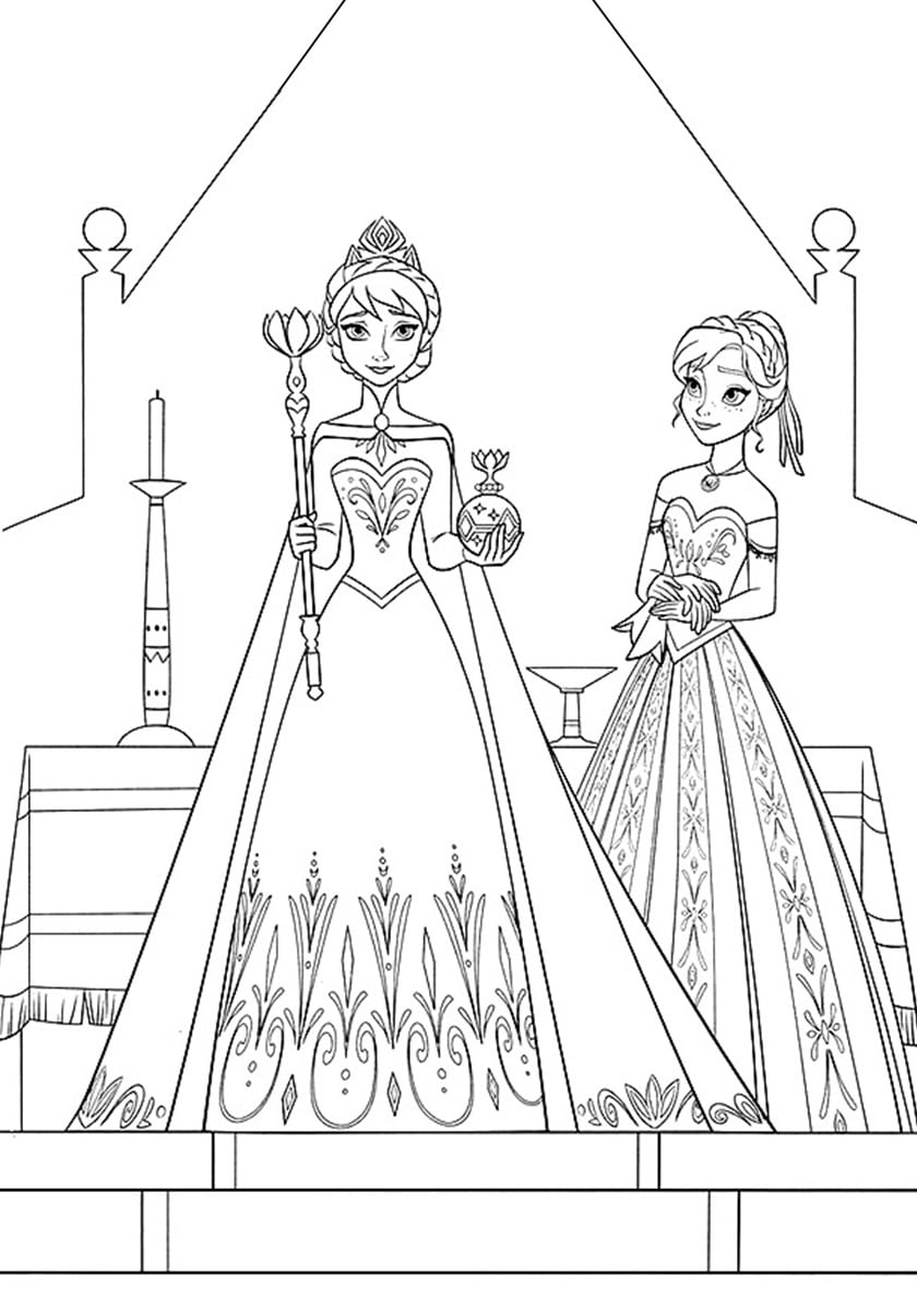 ציור לצביעה של אנה ואלזה בהכתרה של אלזה למלכה