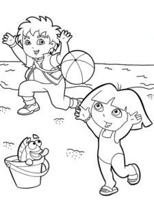 דף צביעה ציור של דורה ודייגו משחקים בכדור