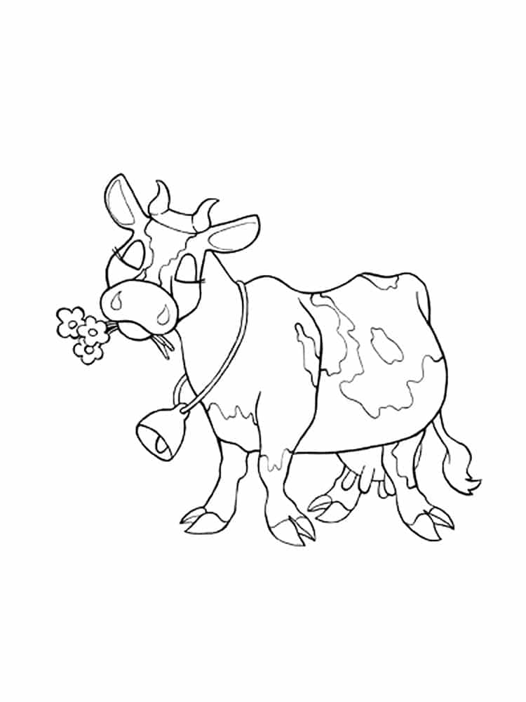 דף צביעה ציור לצביעה של פרה אוכלת פרחים