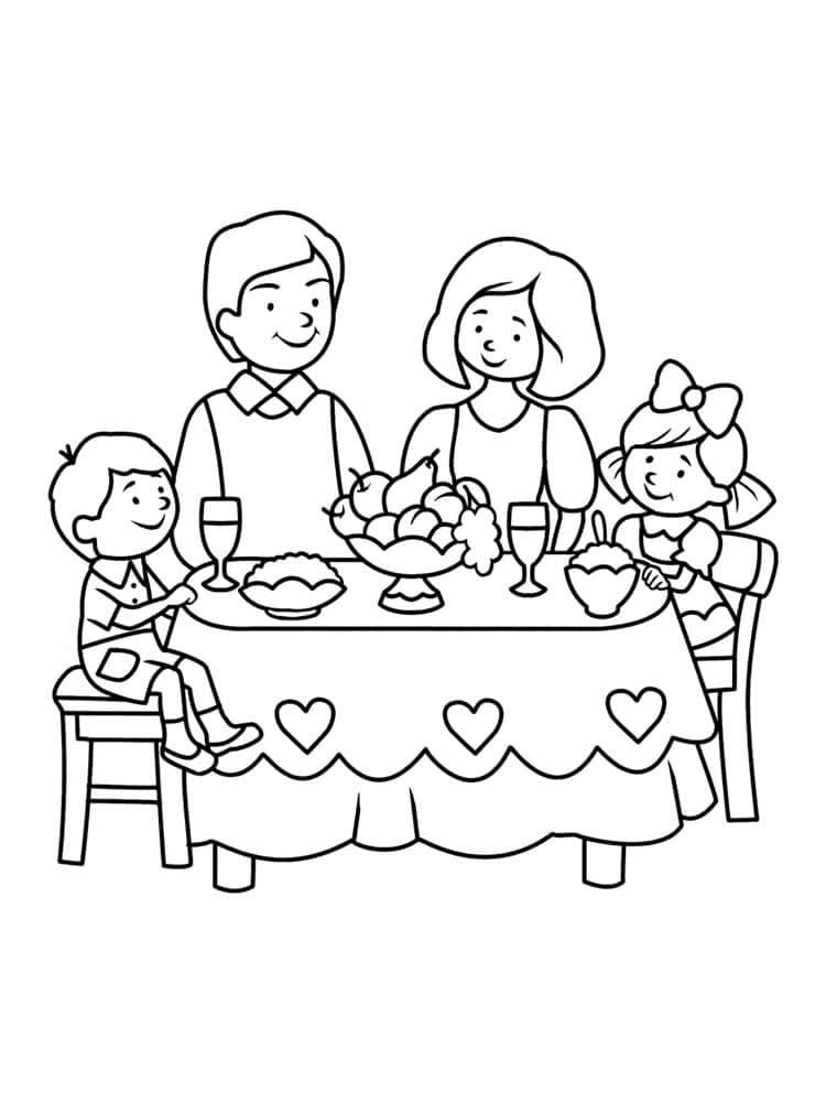 דף צביעה ציור לצביעה של משפחה סביב שולחן אוכלת אורחה