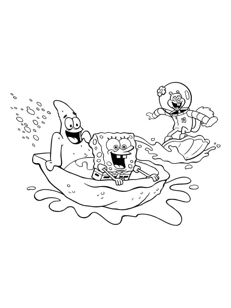 דף צביעה ציור של בוב ספוג וחבריו גולשים על המים