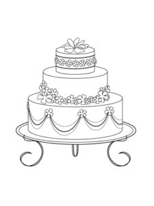 דף צביעה ציור של עוגת ויטרינה יפה על צלחת גבוהה לצביעה
