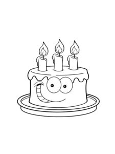 דף צביעה עוגת יום הולדת מחייכת עם שלושה נרות לצביעה