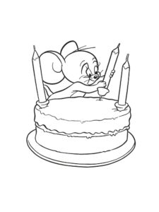 דף צביעה ציור של עוגת יום הולדת עם נרות והעכבר ג’רי