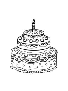 דף צביעה ציור של עוגת יום הולדת מפוארת עם נר אחד לצביעה