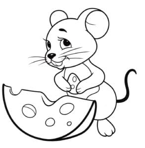 דף צביעה ציור להדפסה ולצביעה של עכברון נהנה לאכול גבינה צהובה