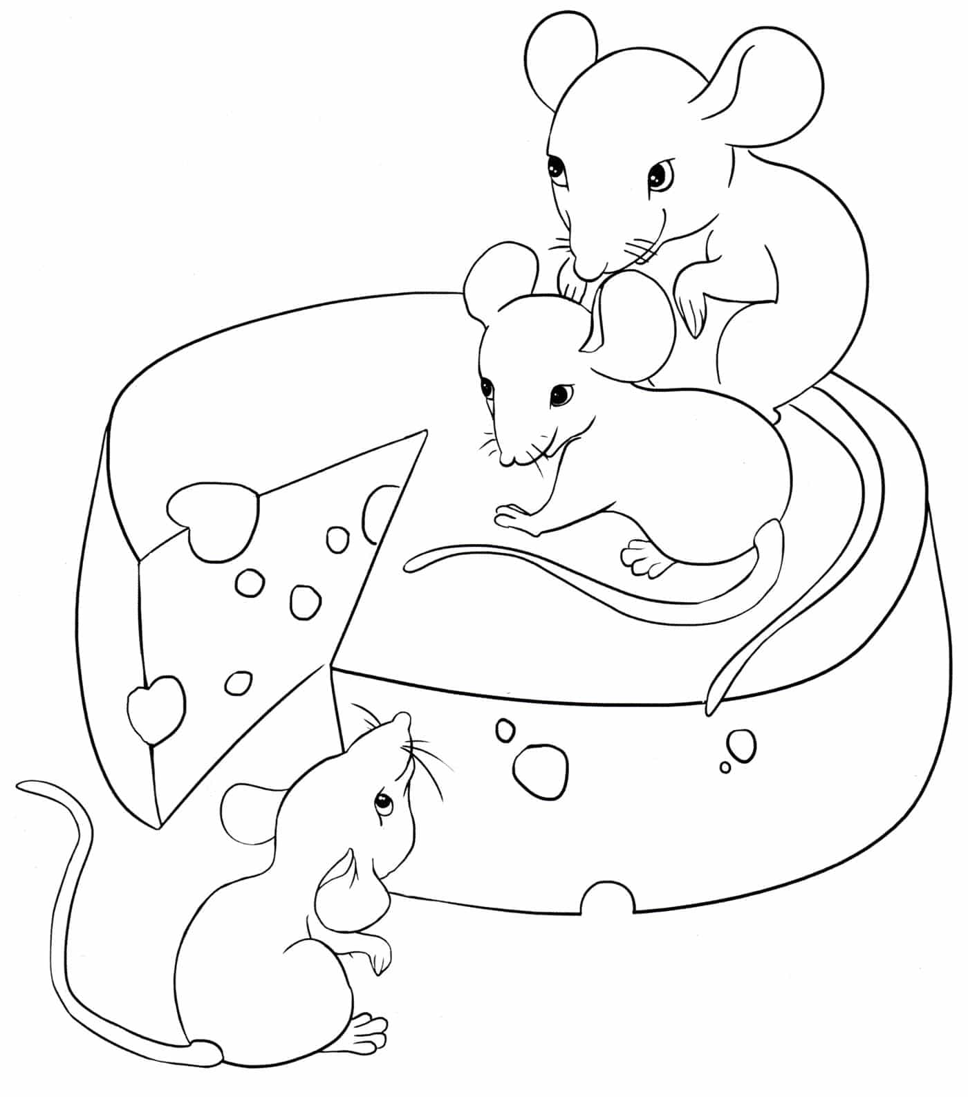 דף צביעה ציור של שלושה עכברים אוכלים גבינה צהובה