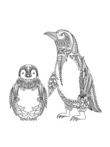 דף צביעה ציור של שני פינגווינים יפים עם קישוט מנדלה לצביעה