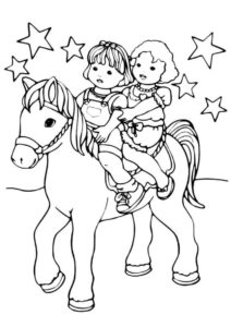 דף צביעה דף צביעה עם ציור של ילדים רוכבים על סוס פוני