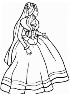 דף צביעה דף צביעה עם ציור של מלכה בשמלת נשף ארוכה