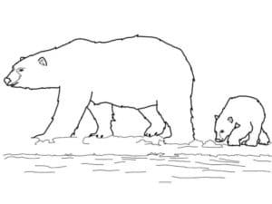 דף צביעה ציור לצביעה של אמא דובה עם גור דובים על קרח בקוטב