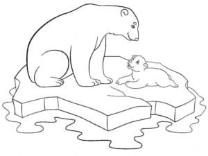דף צביעה ציור לצביעה של אמא דובה ודובון קטן על הקרח