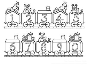 דף צביעה דף צביעה של המספרים בקרונות רכבת עם צעצועים