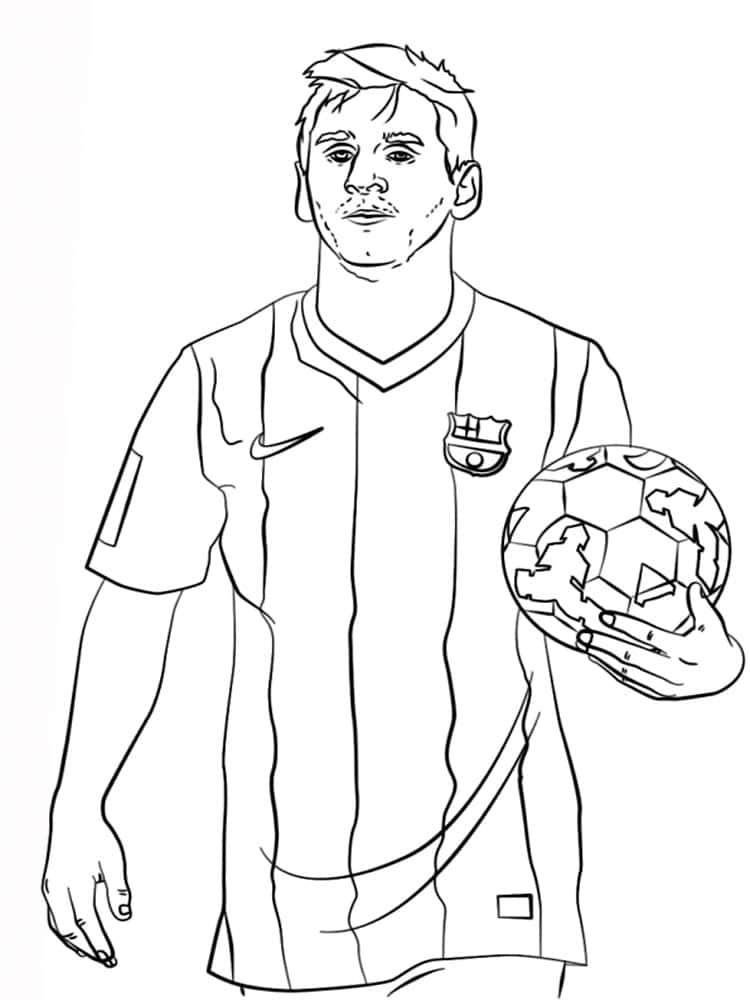 דף צביעה עם ציור של מסי שחקן הכדורגל וכדור ביד לצביעה