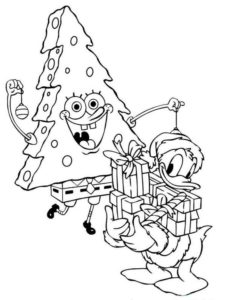 דף צביעה ציור לצביעה של בוב ספוג בצורת עץ עם דונאלד דאק ומתנות