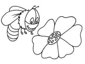 דף צביעה ציור לצביעה של דבורה מחייכת מתקרבת לפרח